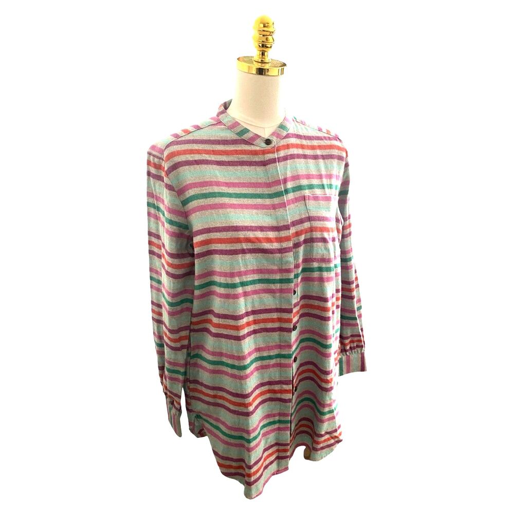 Land's End Women's Cotton Flannel Tunic Medium Striped Pleated Sleeves Pockets